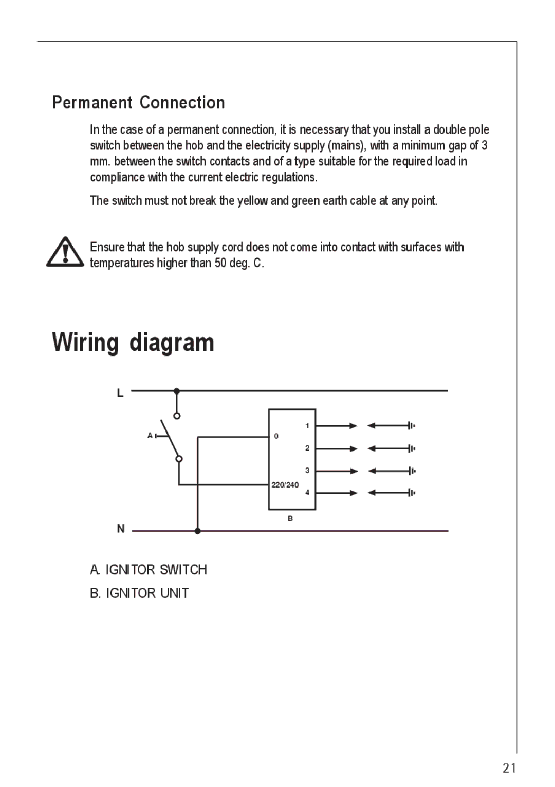 Electrolux 21602 G manual Wiring diagram, Permanent Connection 