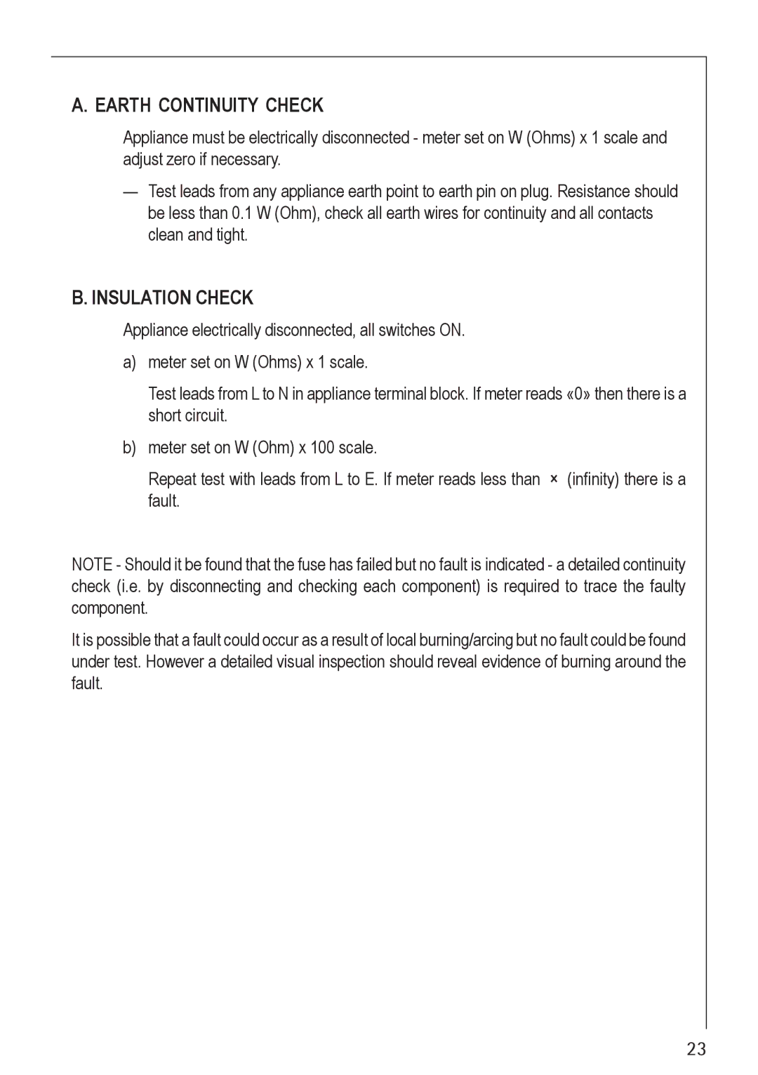 Electrolux 21602 G manual Earth Continuity Check 