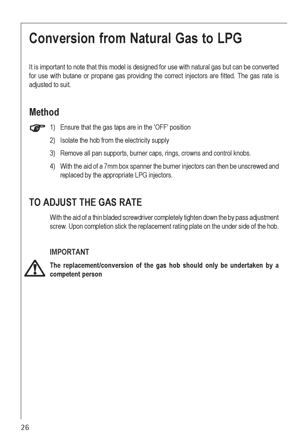 Electrolux 21602 G manual Conversion from Natural Gas to LPG, Method 