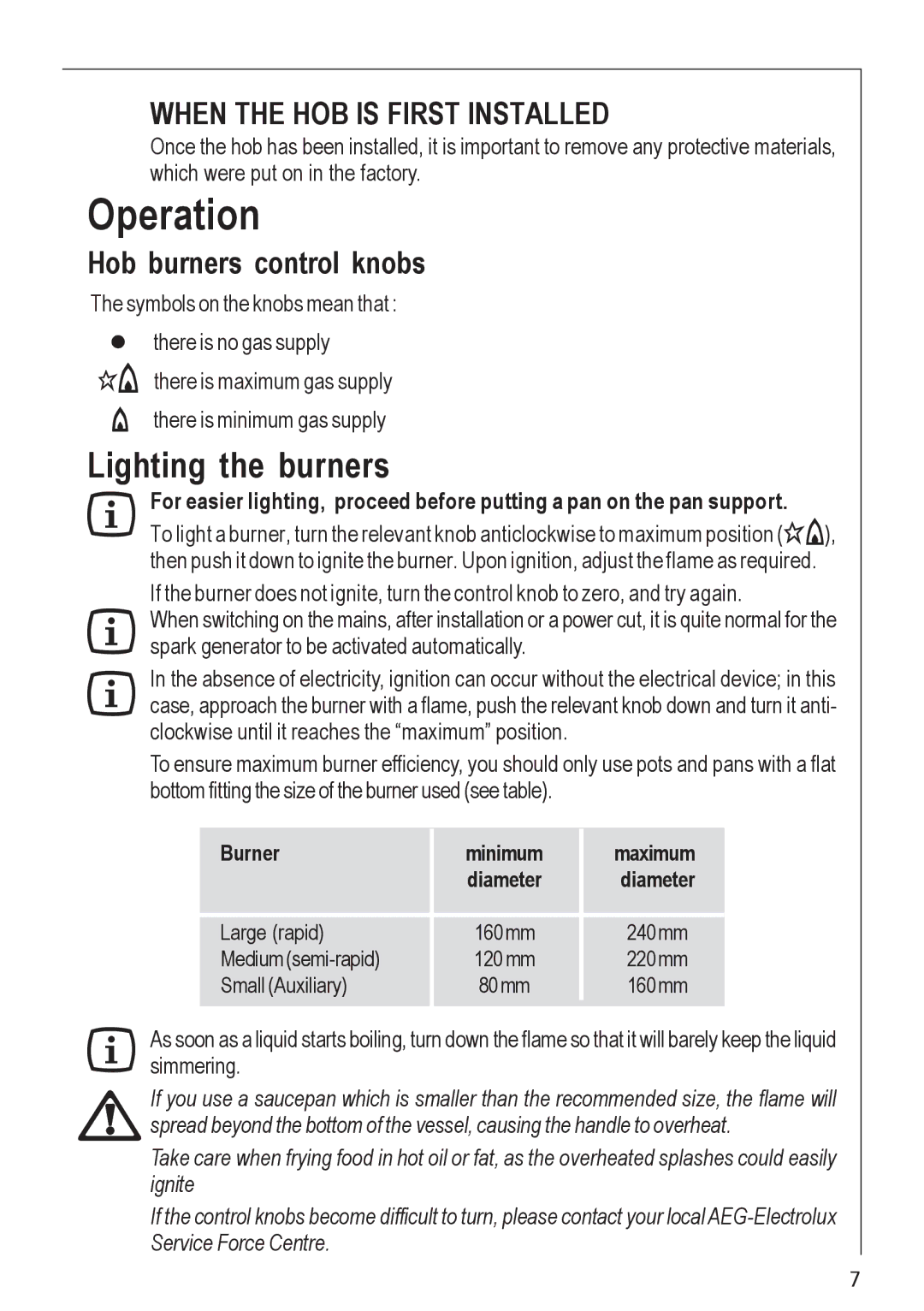 Electrolux 21602 G manual Operation, Hob burners control knobs 