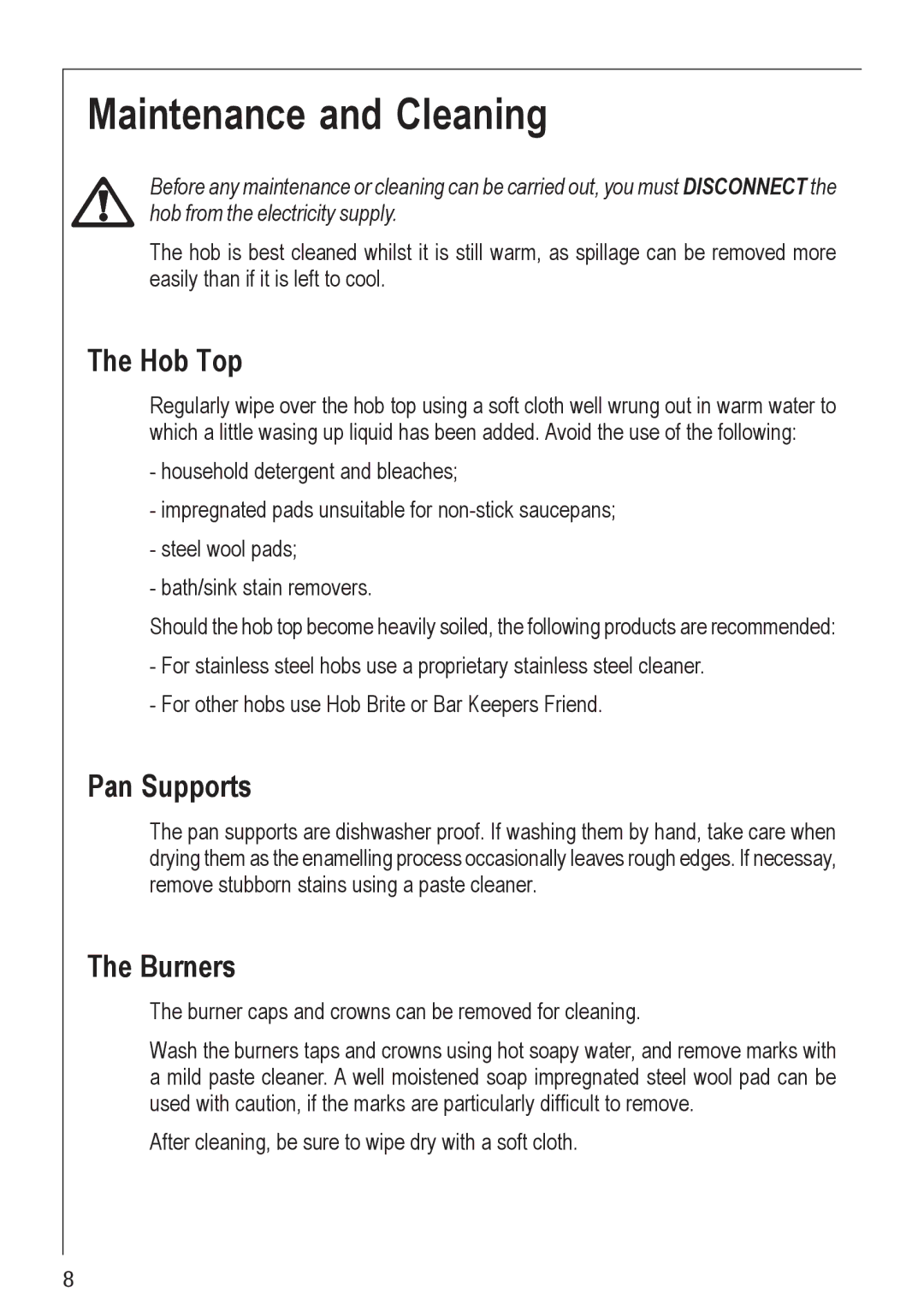 Electrolux 21602 G manual Maintenance and Cleaning, Hob Top, Pan Supports, Burners 