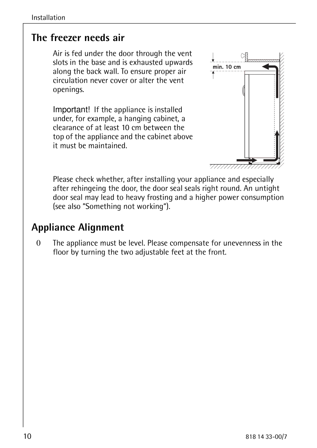 Electrolux 2170-4 operating instructions Freezer needs air, Appliance Alignment 