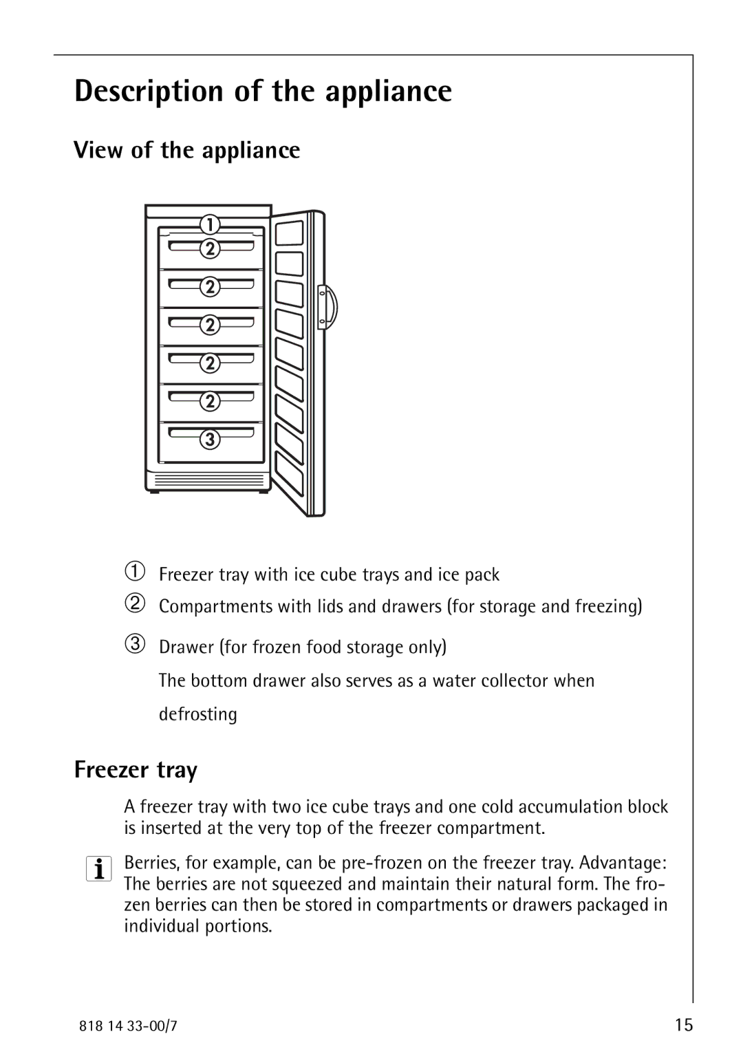 Electrolux 2170-4 operating instructions Description of the appliance, View of the appliance, Freezer tray 