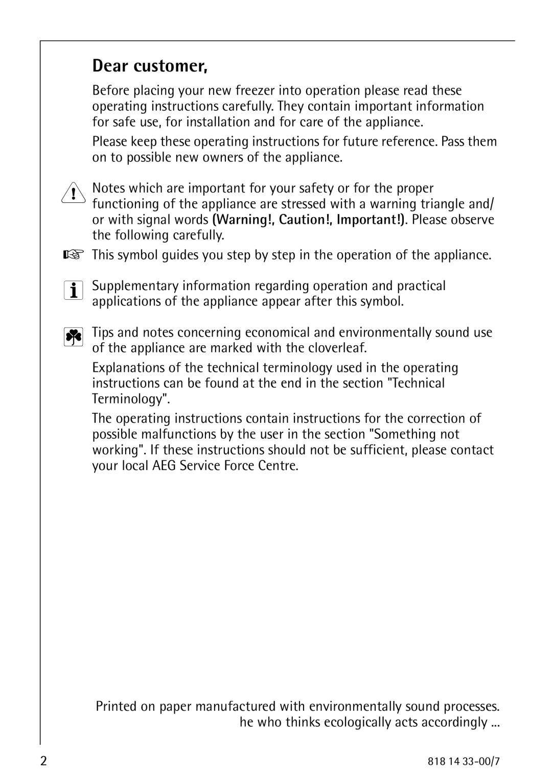 Electrolux 2170-4 operating instructions Dear customer 