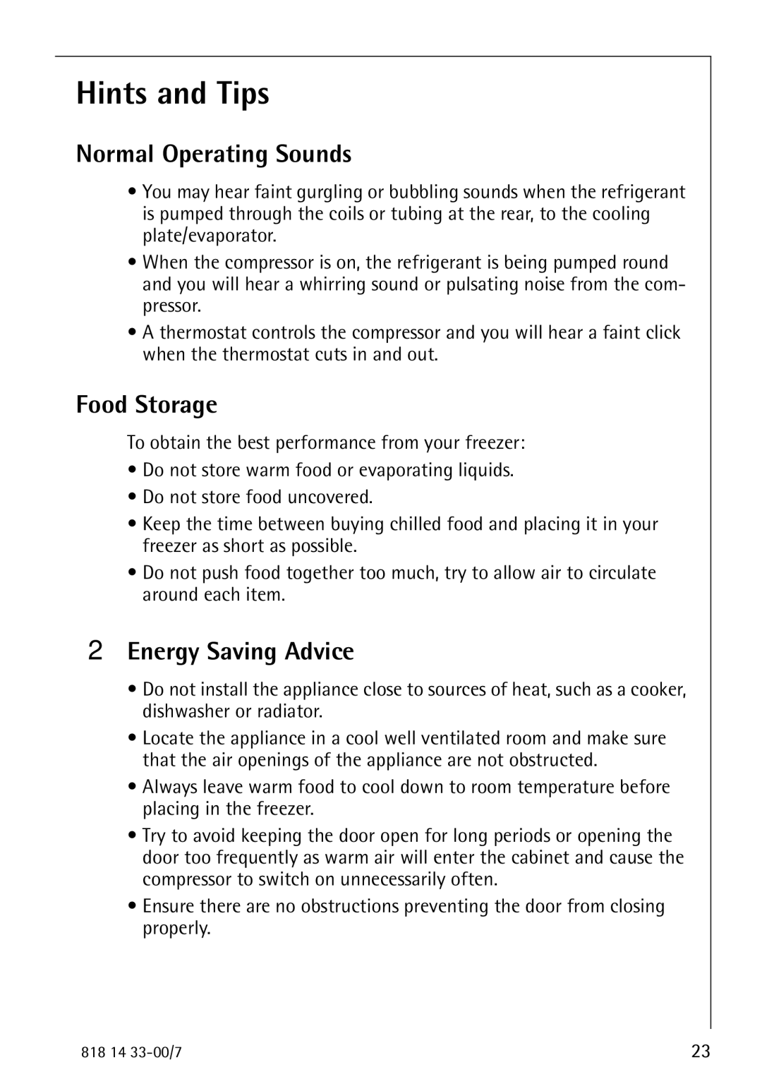 Electrolux 2170-4 operating instructions Hints and Tips, Normal Operating Sounds, Food Storage, Energy Saving Advice 