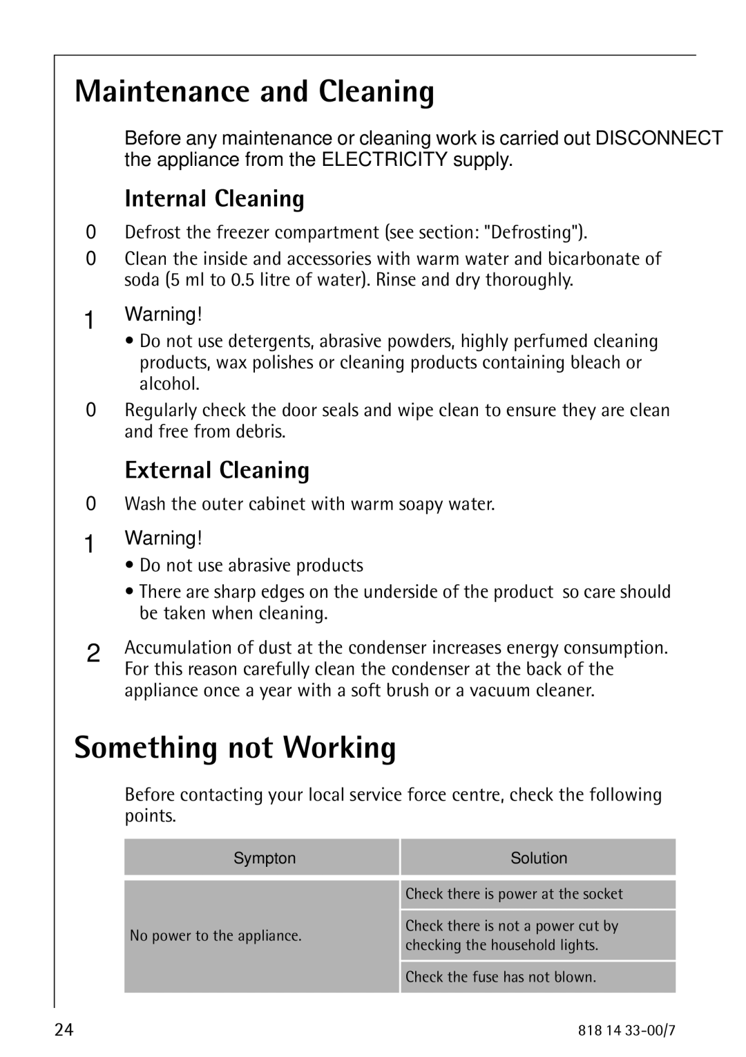 Electrolux 2170-4 Maintenance and Cleaning, Something not Working, Internal Cleaning, External Cleaning 