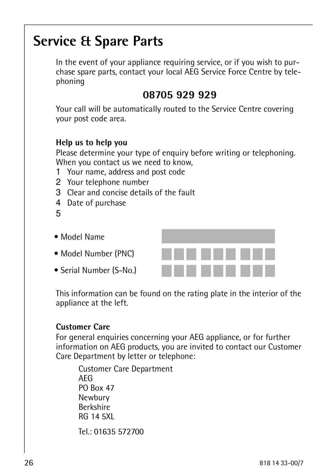 Electrolux 2170-4 operating instructions Service & Spare Parts, 08705 929, Help us to help you, Customer Care 