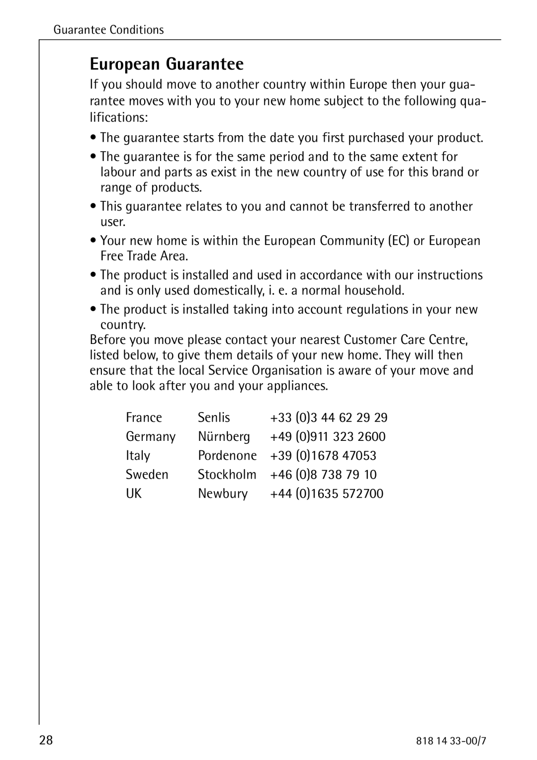 Electrolux 2170-4 operating instructions European Guarantee 