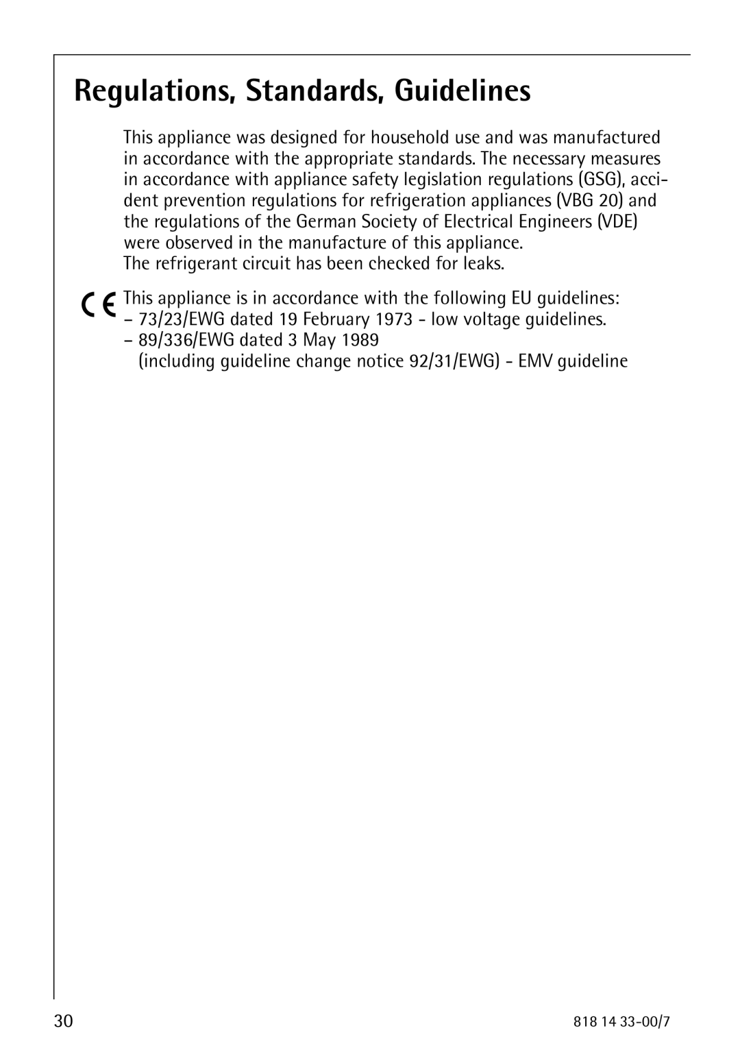 Electrolux 2170-4 operating instructions Regulations, Standards, Guidelines 