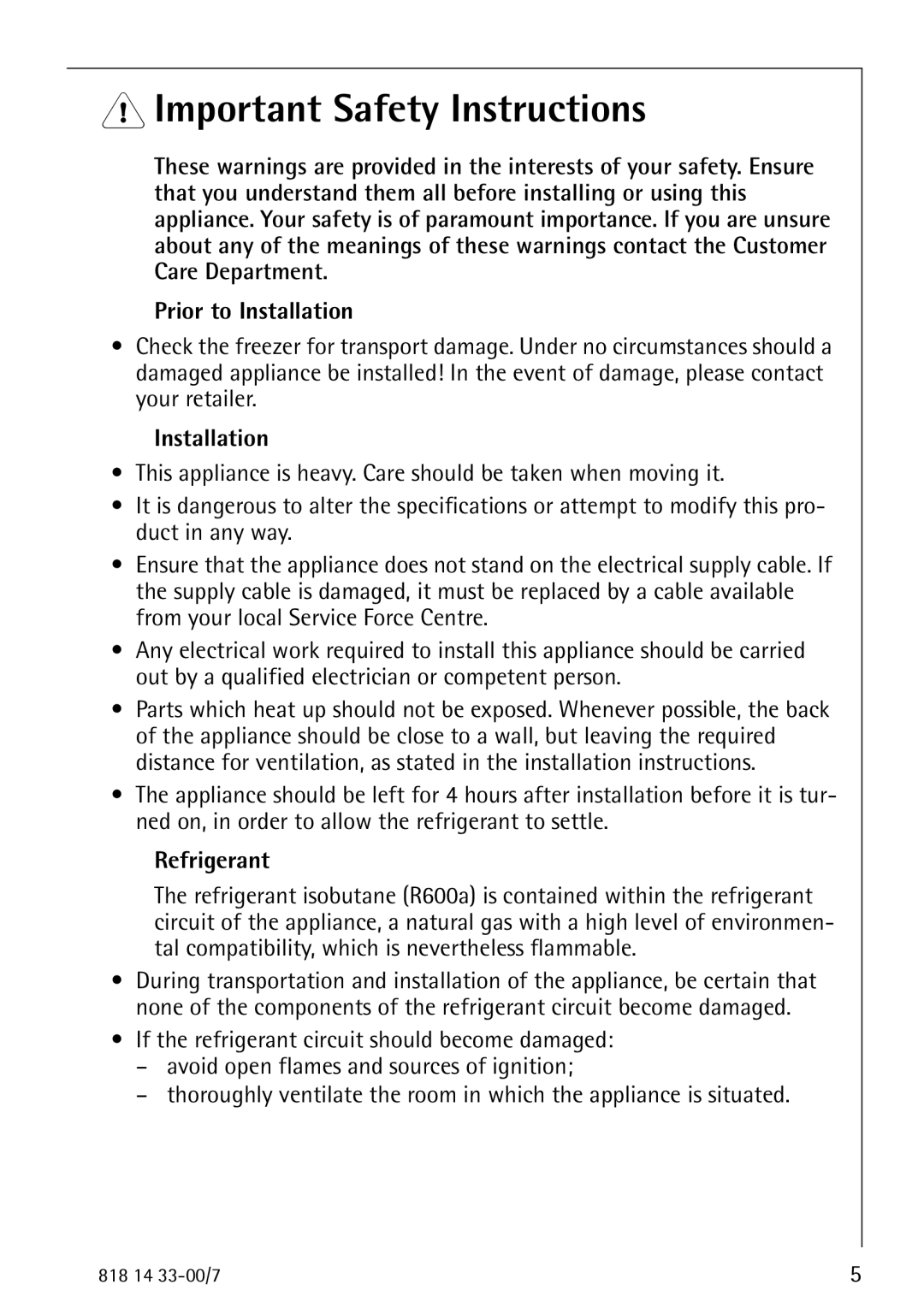 Electrolux 2170-4 operating instructions Important Safety Instructions, Prior to Installation, Refrigerant 