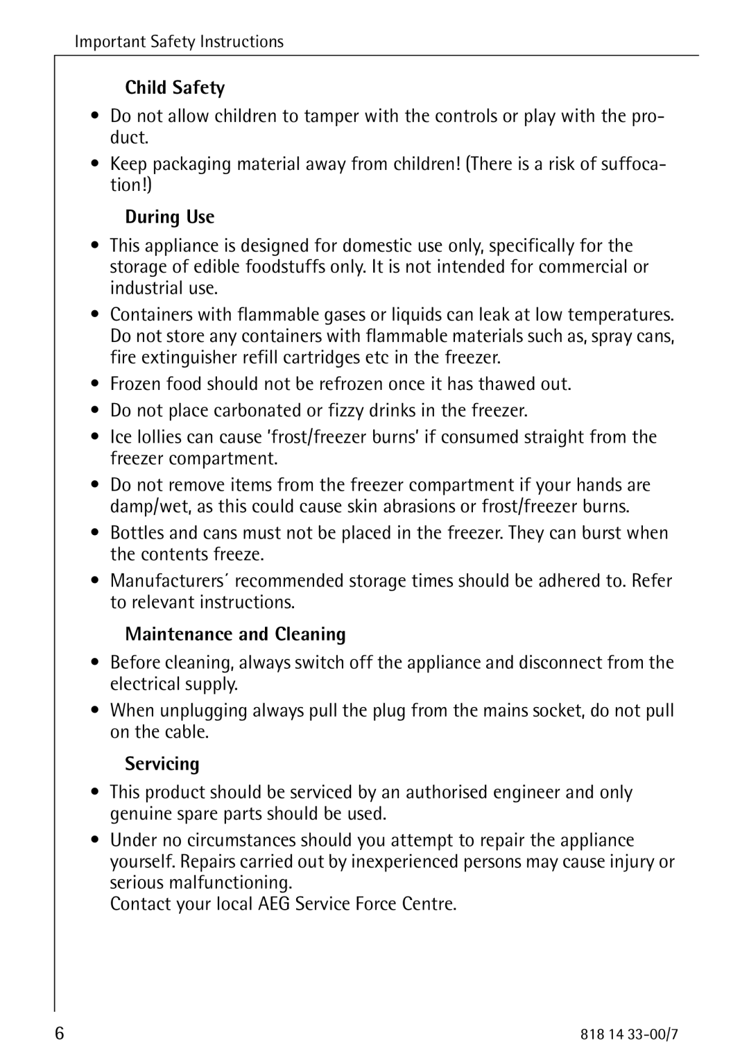 Electrolux 2170-4 operating instructions Child Safety, During Use, Maintenance and Cleaning, Servicing 