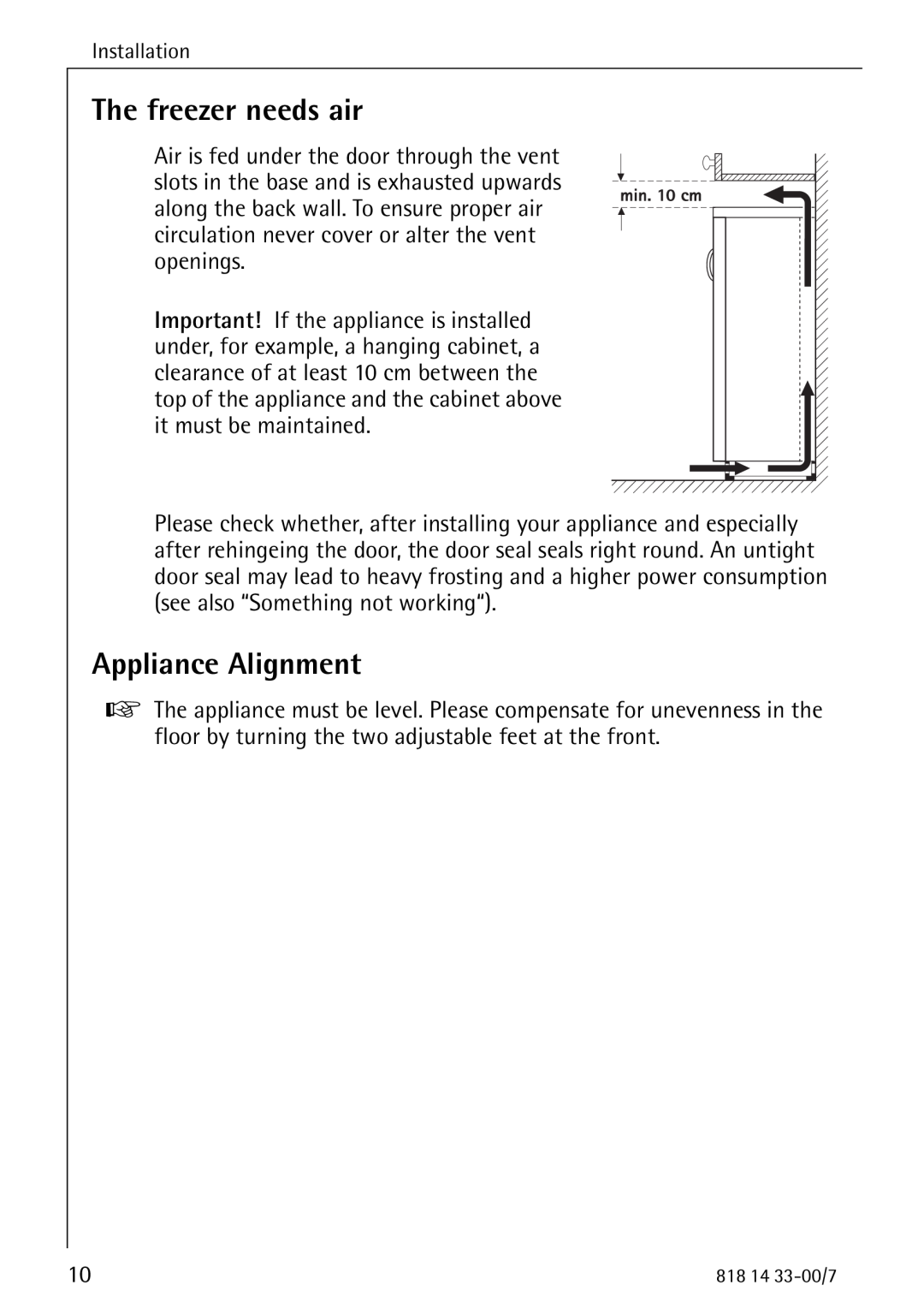Electrolux 2170-4 operating instructions The freezer needs air, Appliance Alignment, Installation 