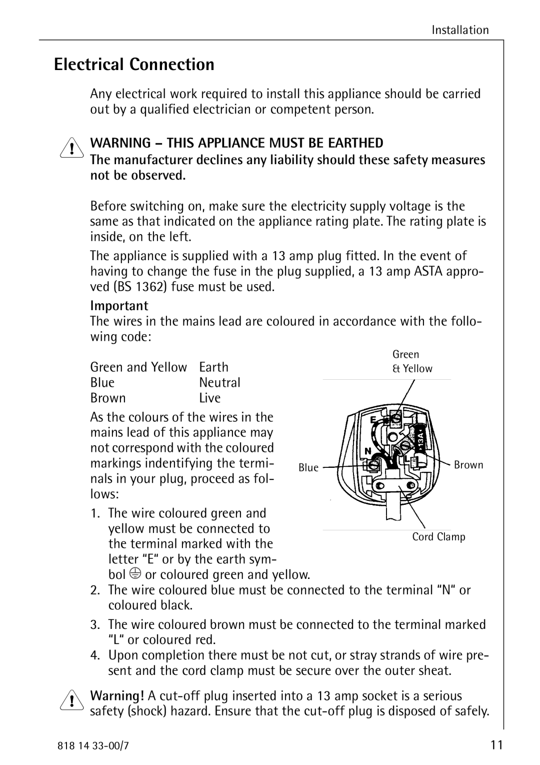 Electrolux 2170-4 operating instructions Electrical Connection, Warning - This Appliance Must Be Earthed 