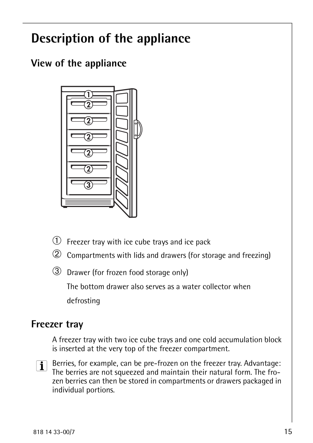 Electrolux 2170-4 operating instructions Description of the appliance, View of the appliance, Freezer tray, ➀ ➁ ➂ 