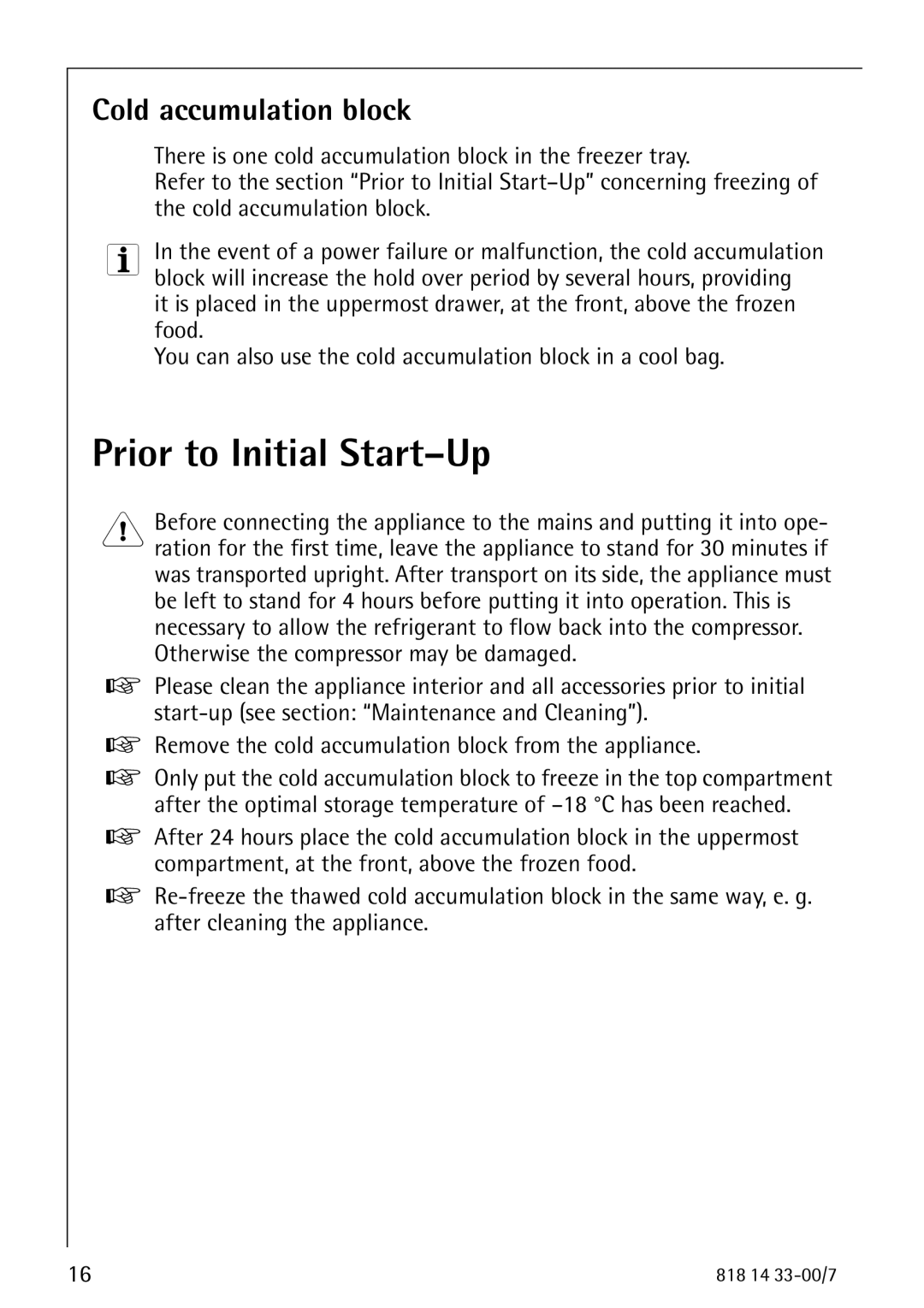 Electrolux 2170-4 operating instructions Prior to Initial Start-Up, Cold accumulation block 