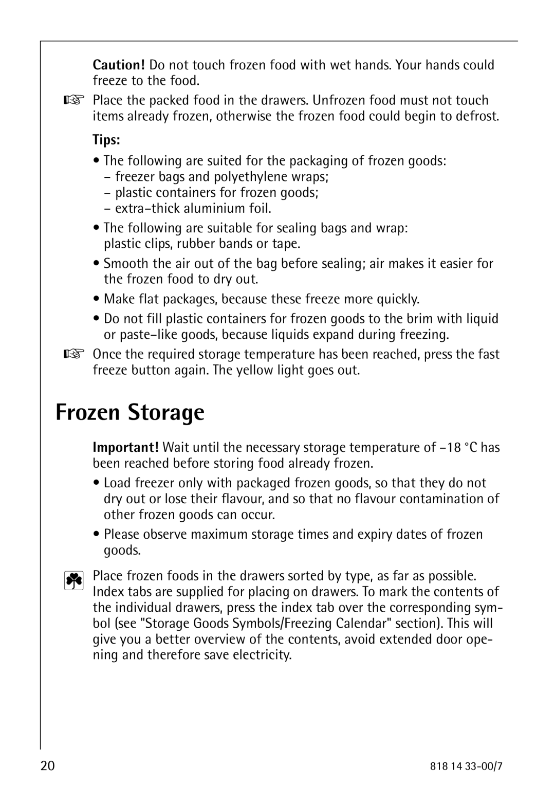 Electrolux 2170-4 operating instructions Frozen Storage, Tips 