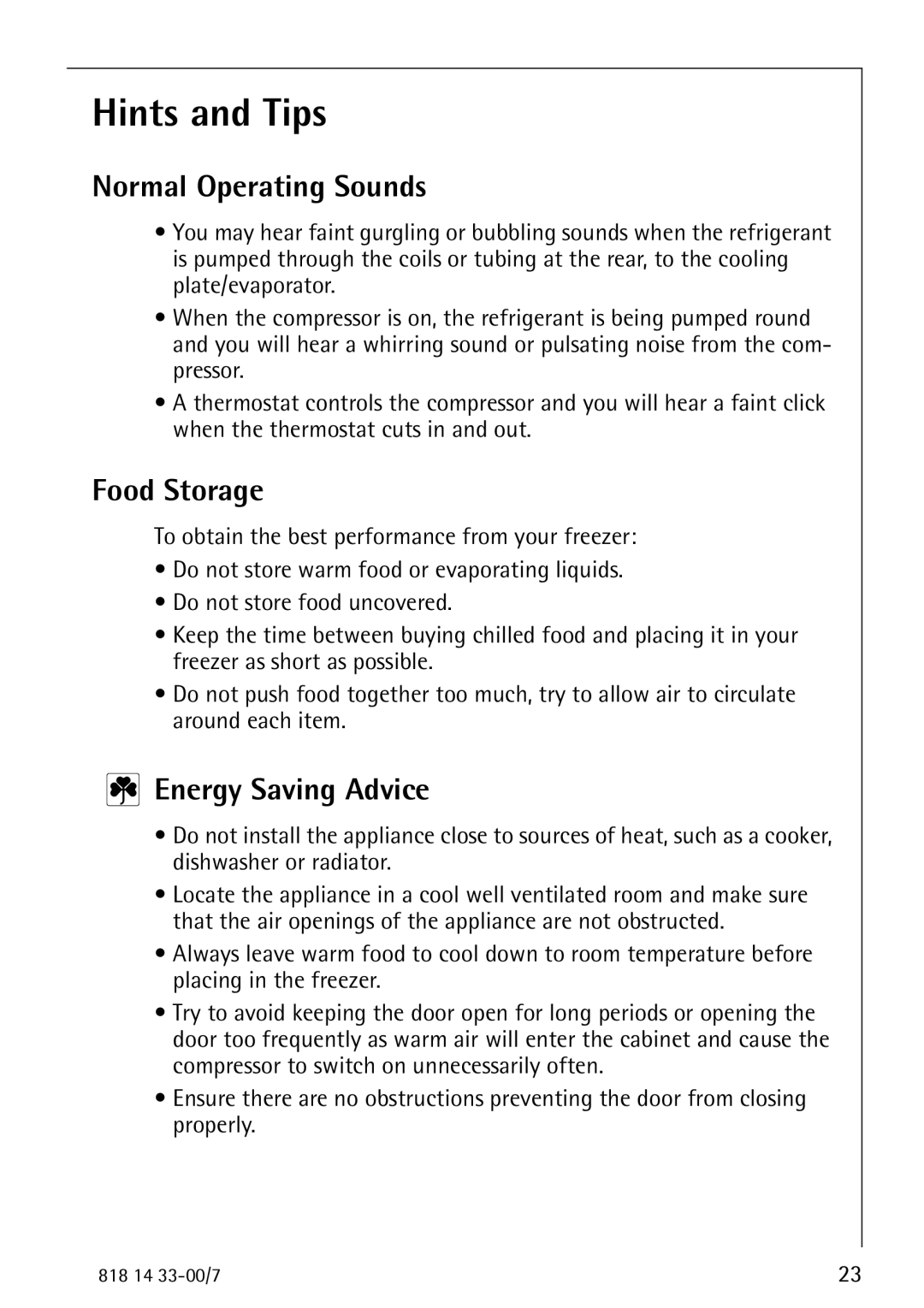 Electrolux 2170-4 operating instructions Hints and Tips, Normal Operating Sounds, Food Storage, Energy Saving Advice 