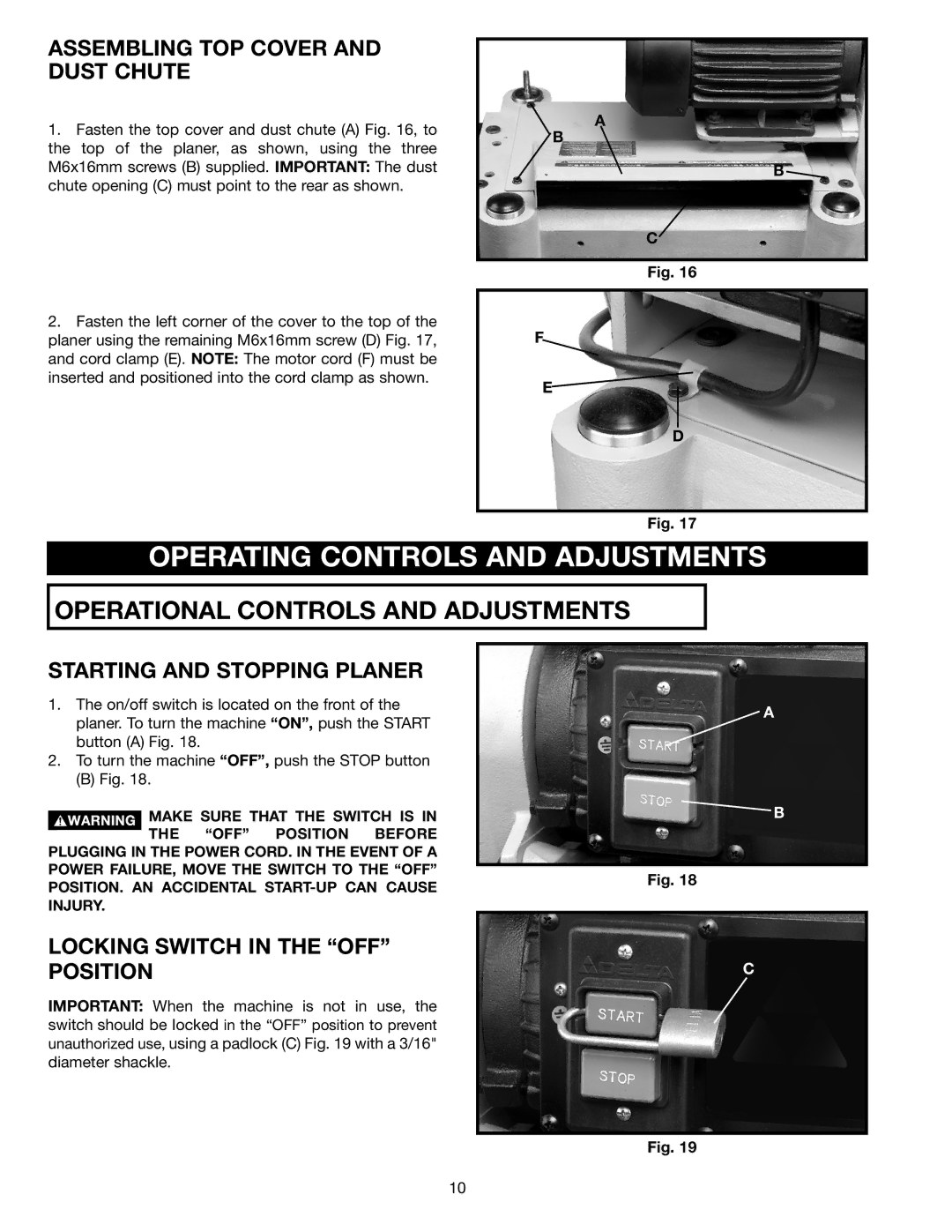 Electrolux 22-785 Operating Controls and Adjustments, Assembling TOP Cover and Dust Chute, Starting and Stopping Planer 