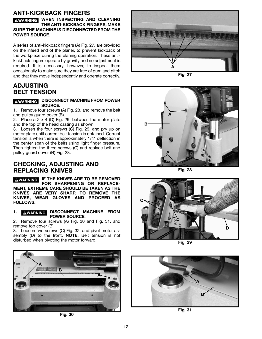 Electrolux 22-785 ANTI-KICKBACK Fingers, Adjusting Belt Tension, CHECKING, Adjusting and Replacing Knives 