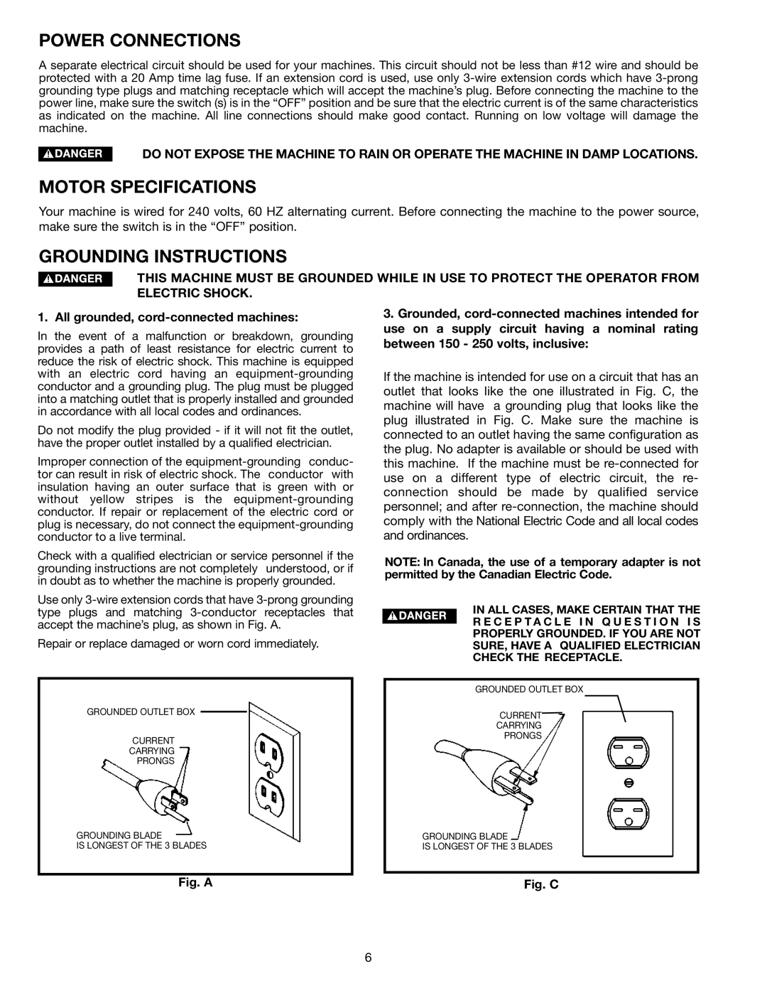 Electrolux 22-785 instruction manual Power Connections, Motor Specifications, Grounding Instructions 