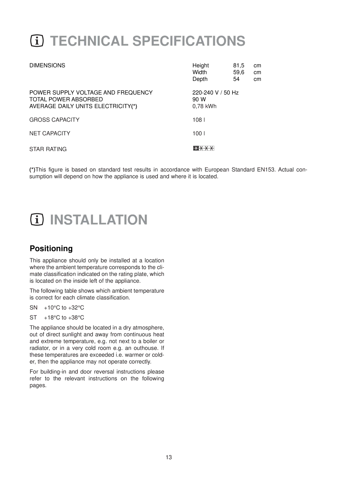 Electrolux 2222 740-55 manual Technical Specifications, Installation, Positioning 