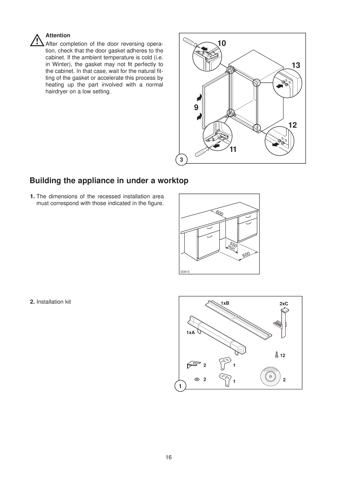 Electrolux 2222 740-55 manual Building the appliance in under a worktop, Min 