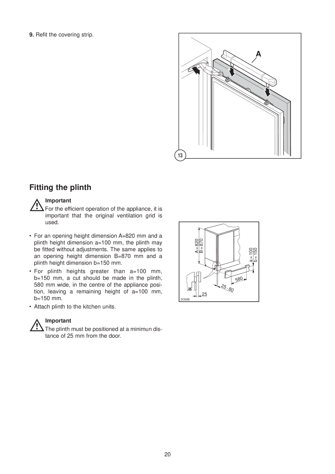 Electrolux 2222 740-55 manual Fitting the plinth, Refit the covering strip 