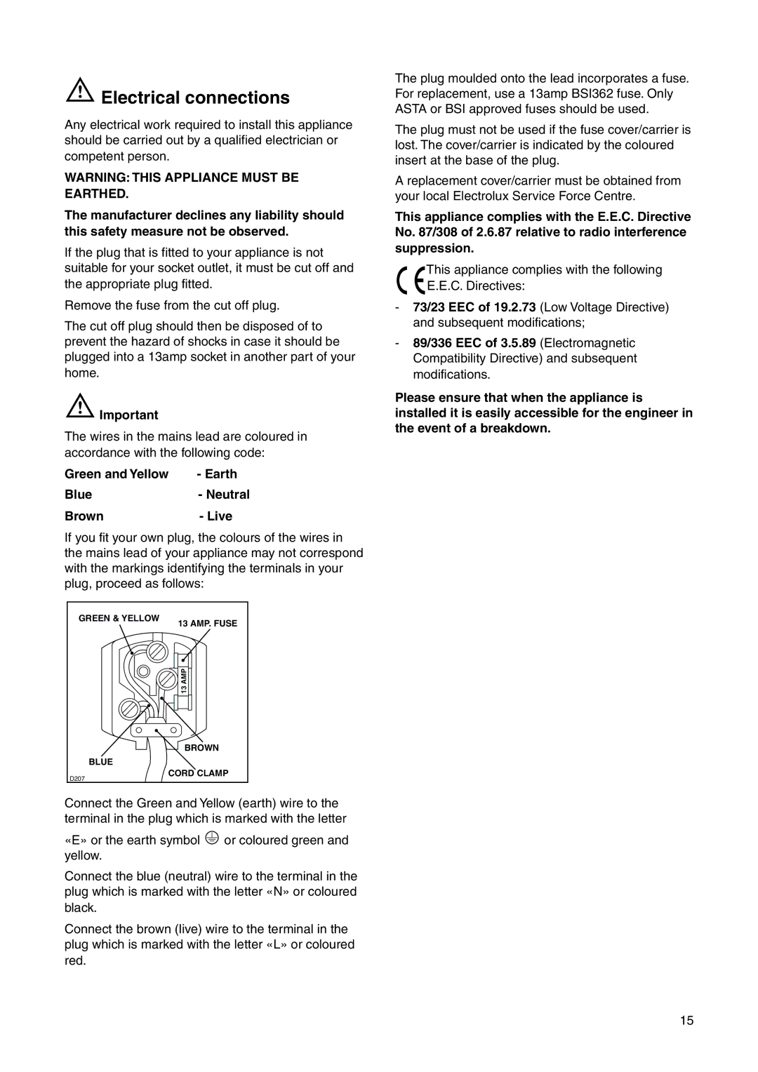 Electrolux 2223 208-81 user manual Electrical connections, Green and Yellow Earth Blue- Neutral Brown- Live 