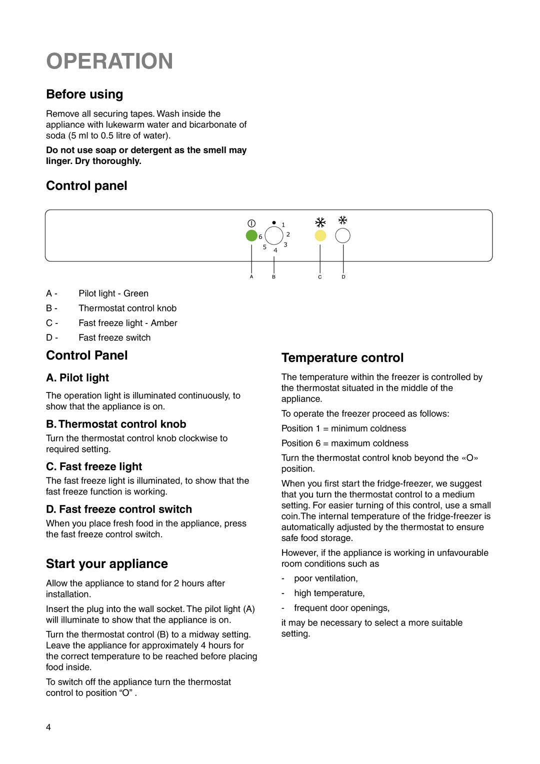 Electrolux 2223 208-81 user manual Operation, Before using, Control panel, Start your appliance, Temperature control 