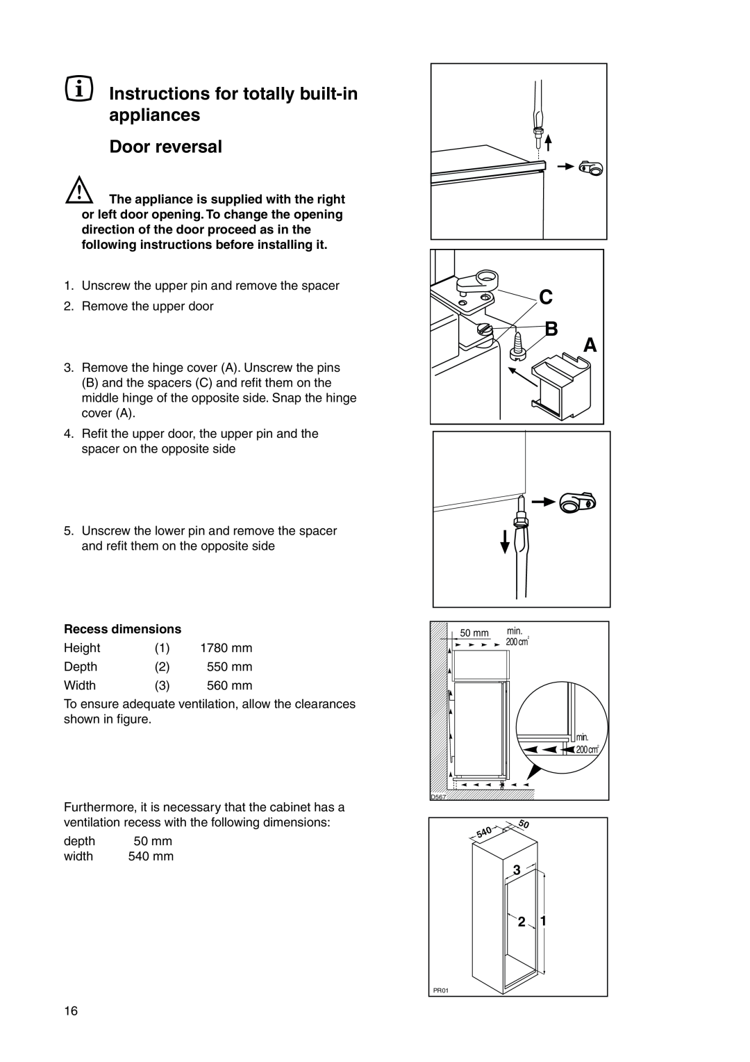 Electrolux 2223 208-81 user manual Instructions for totally built-in appliances Door reversal, Recess dimensions 
