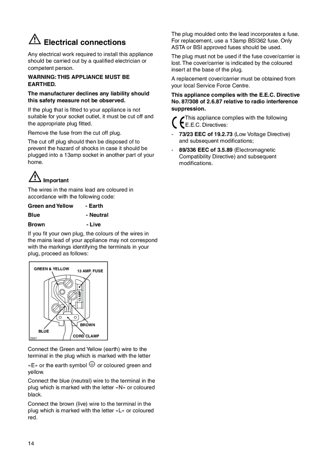 Electrolux 2223 429-31 user manual Electrical connections, Green and Yellow Earth Blue- Neutral Brown- Live 