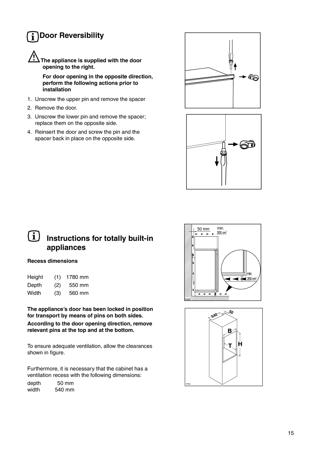 Electrolux 2223 429-31 user manual Door Reversibility, Instructions for totally built-in appliances 