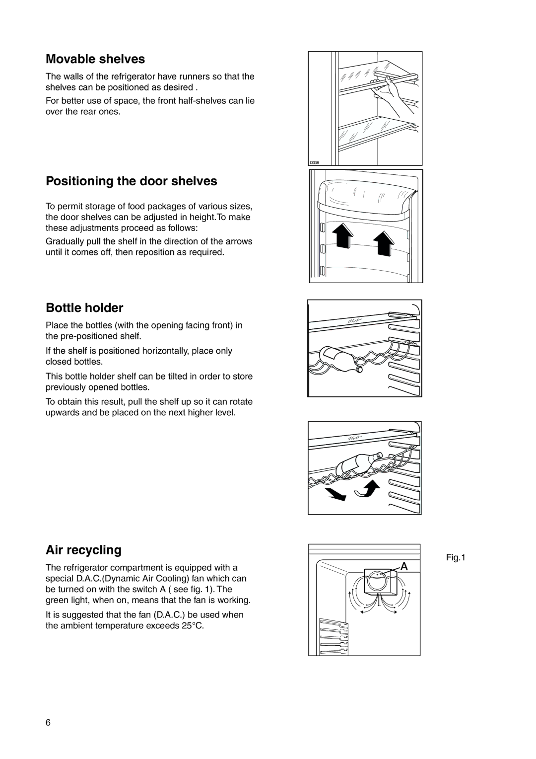 Electrolux 2223 429-31 user manual Movable shelves, Positioning the door shelves, Bottle holder, Air recycling 