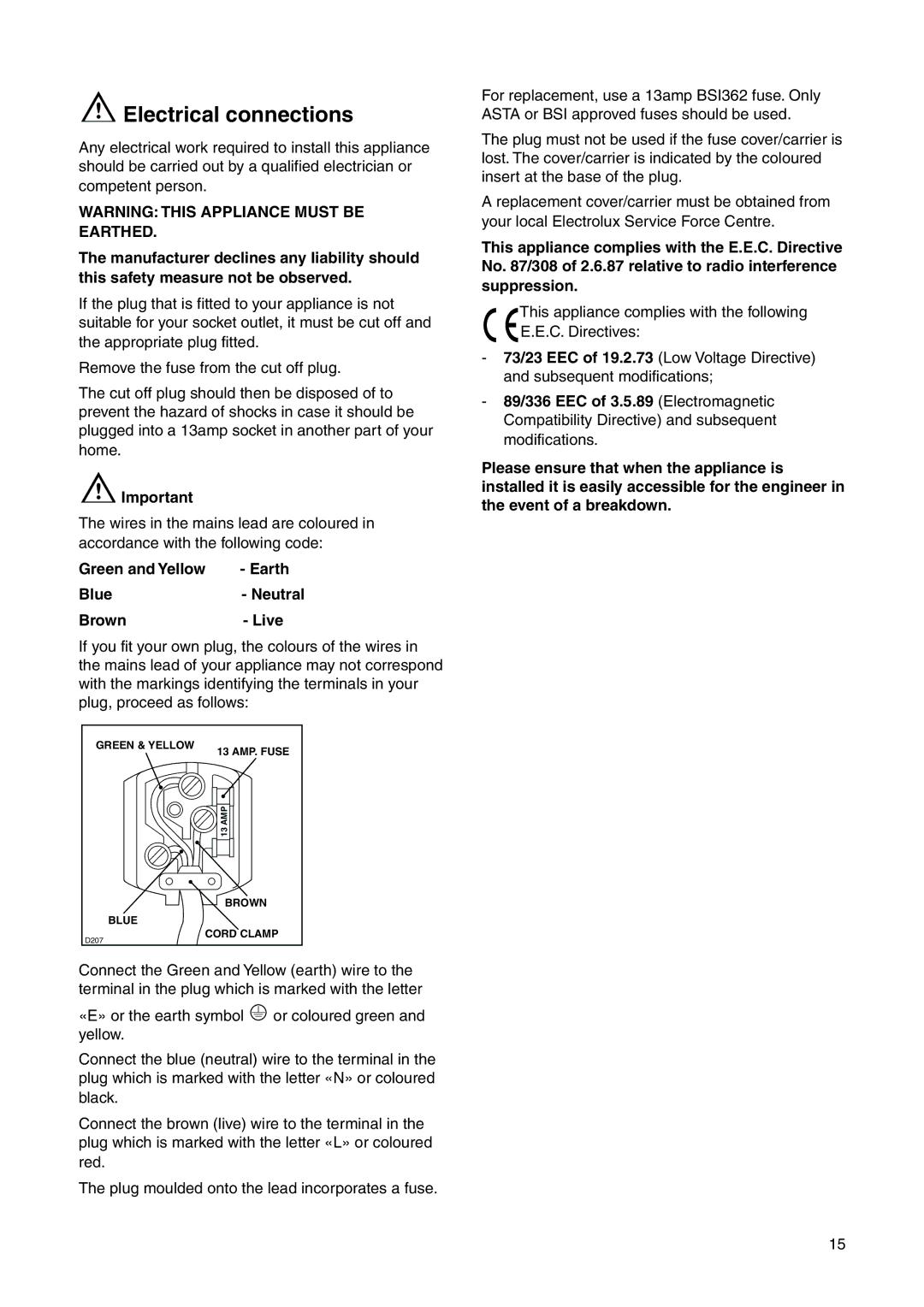 Electrolux 2223 430-73 user manual Electrical connections, Green and Yellow Earth Blue- Neutral Brown- Live 