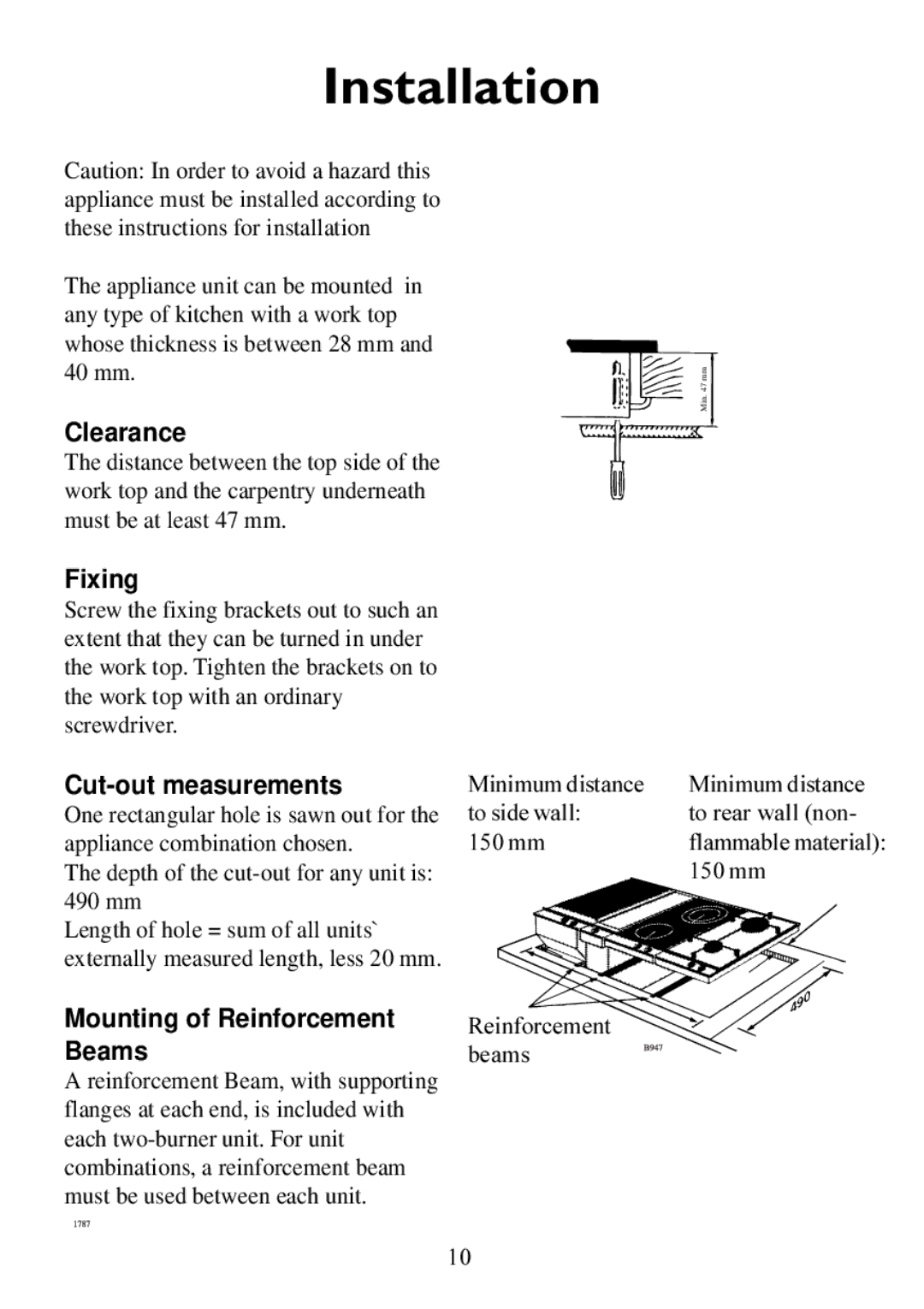 Electrolux 230GR-m manual Installation, Clearance, Fixing, Cut-out measurements, Mounting of Reinforcement Beams 