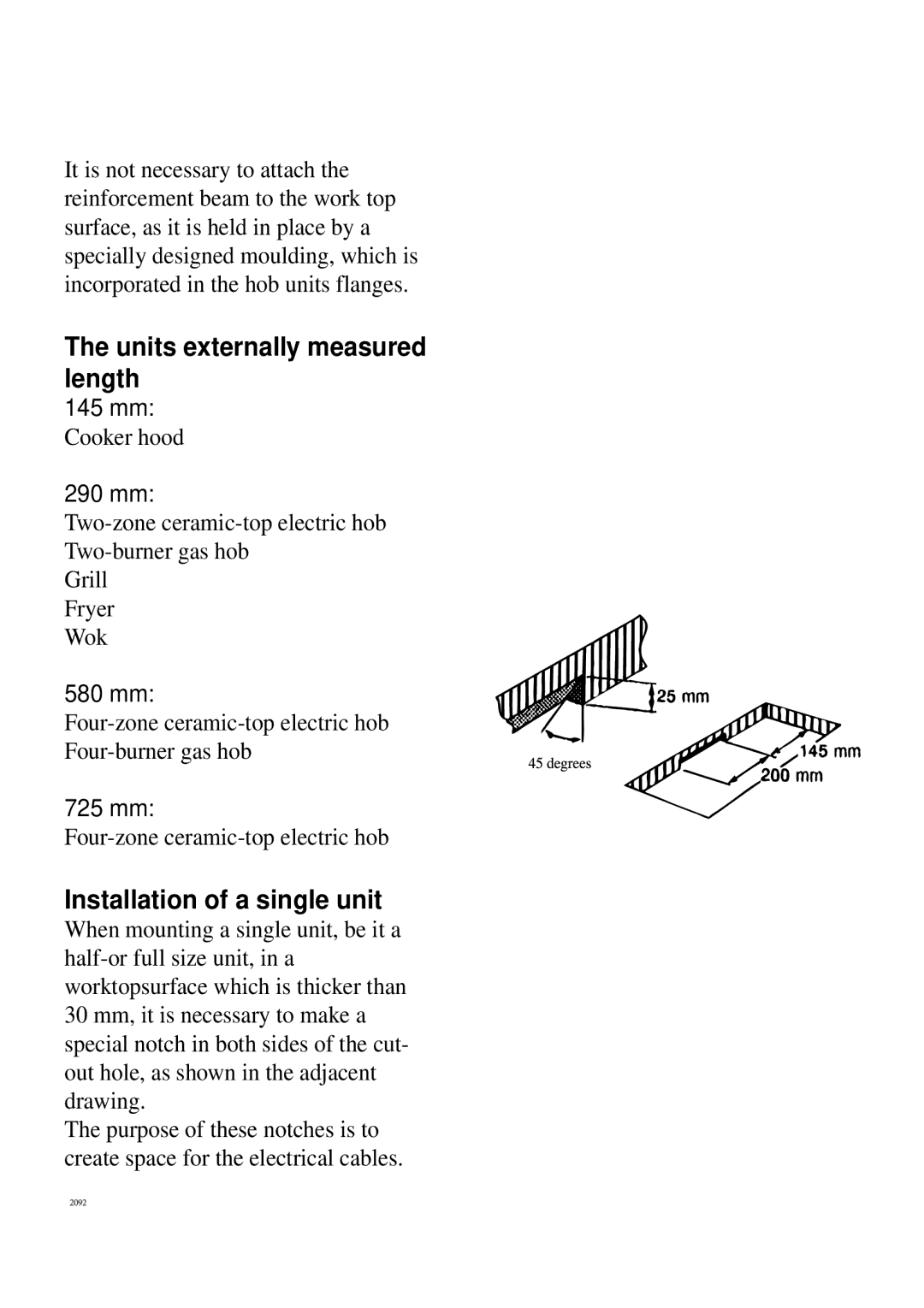 Electrolux 230GR-m manual Units externally measured length, Installation of a single unit 