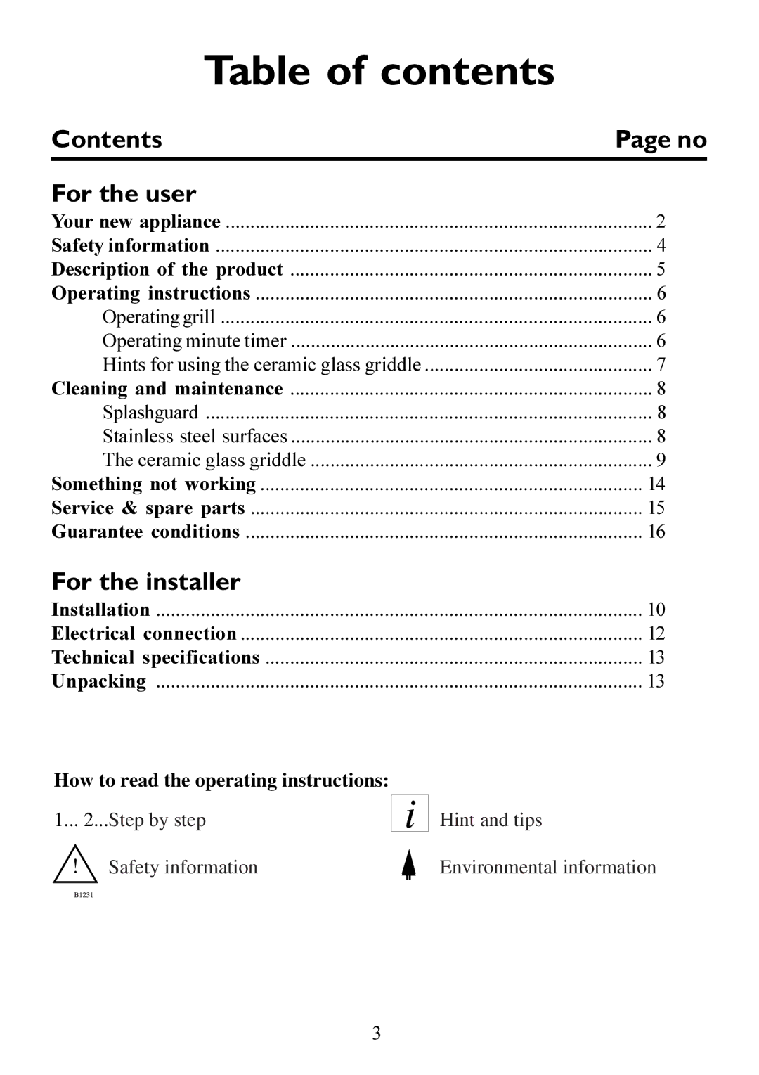 Electrolux 230GR-m manual Table of contents 