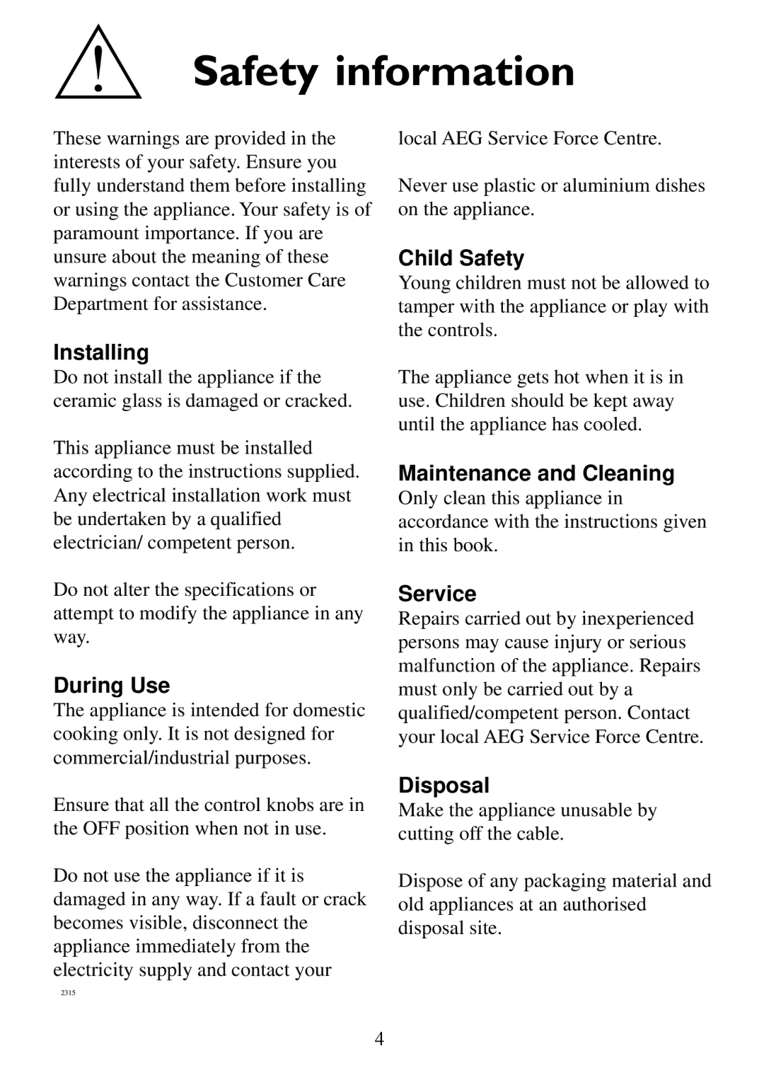 Electrolux 230GR-m manual Safety information 