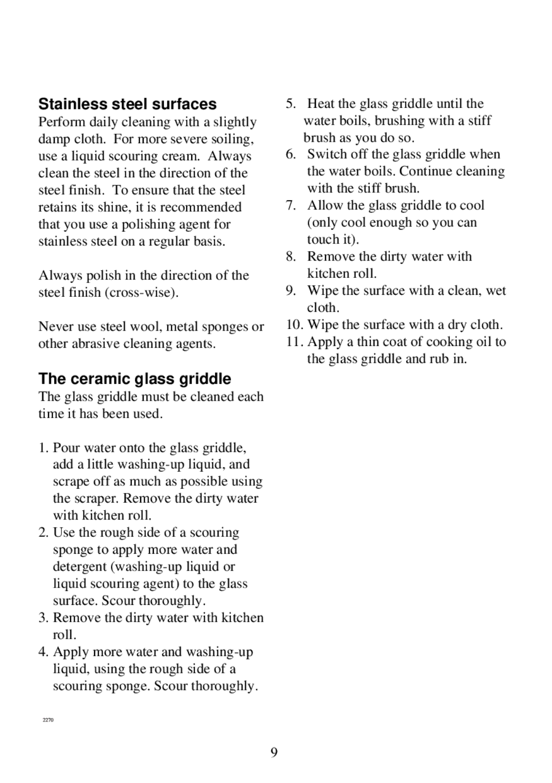 Electrolux 230GR-m manual Stainless steel surfaces, Ceramic glass griddle 