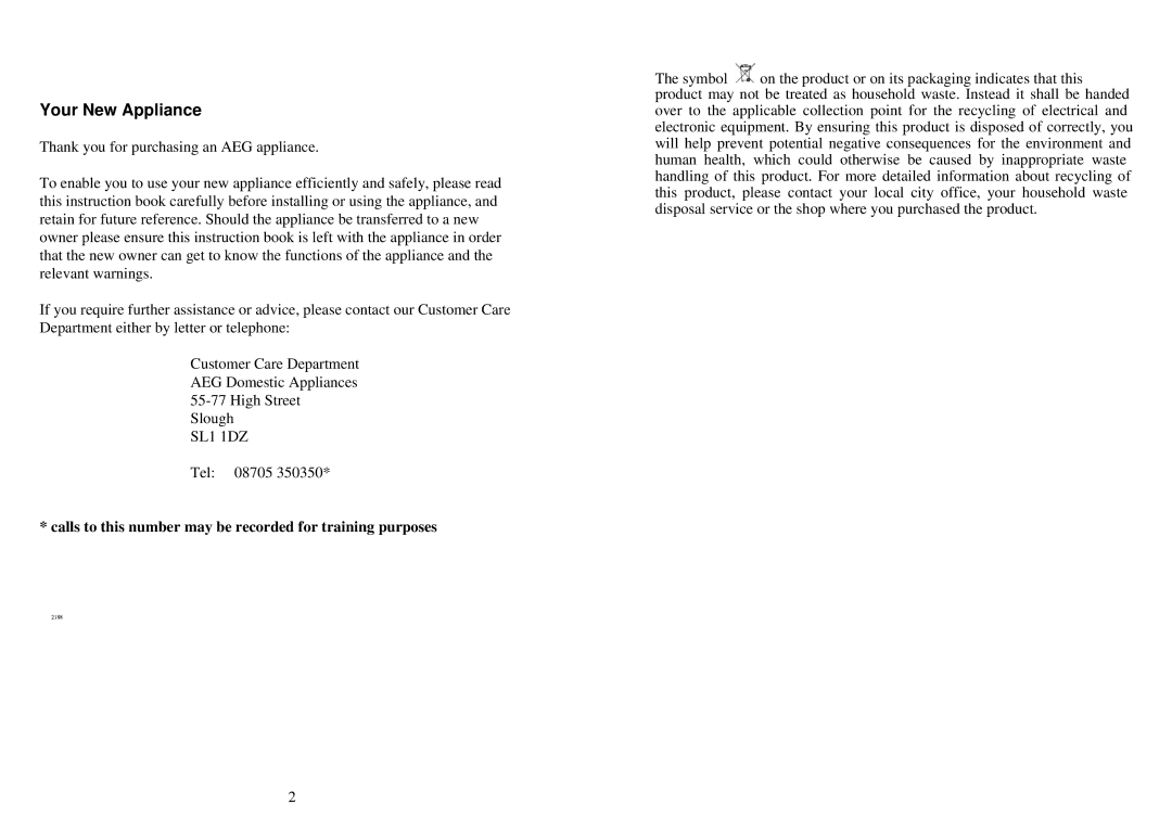 Electrolux 231 GR manual Your New Appliance, Calls to this number may be recorded for training purposes 