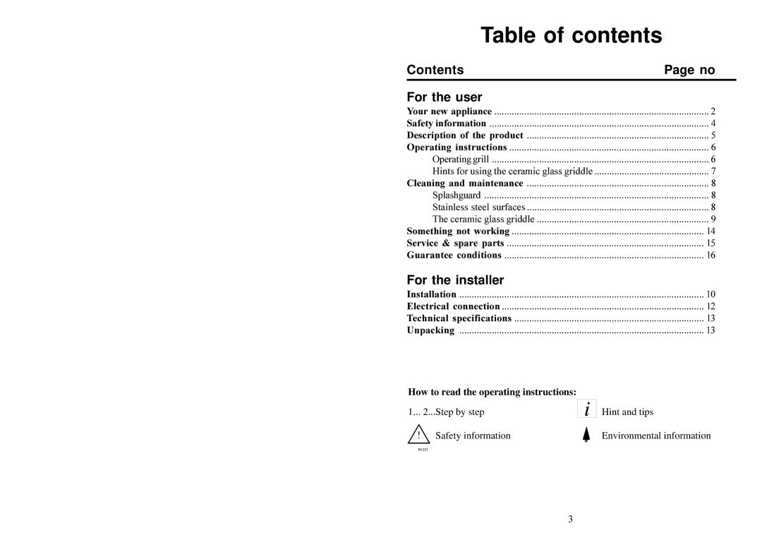 Electrolux 231 GR manual Table of contents 