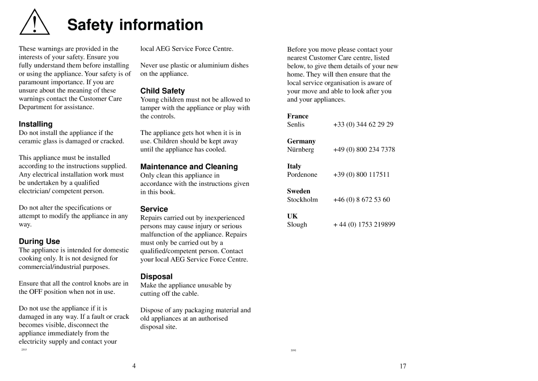 Electrolux 231 GR manual Safety information 