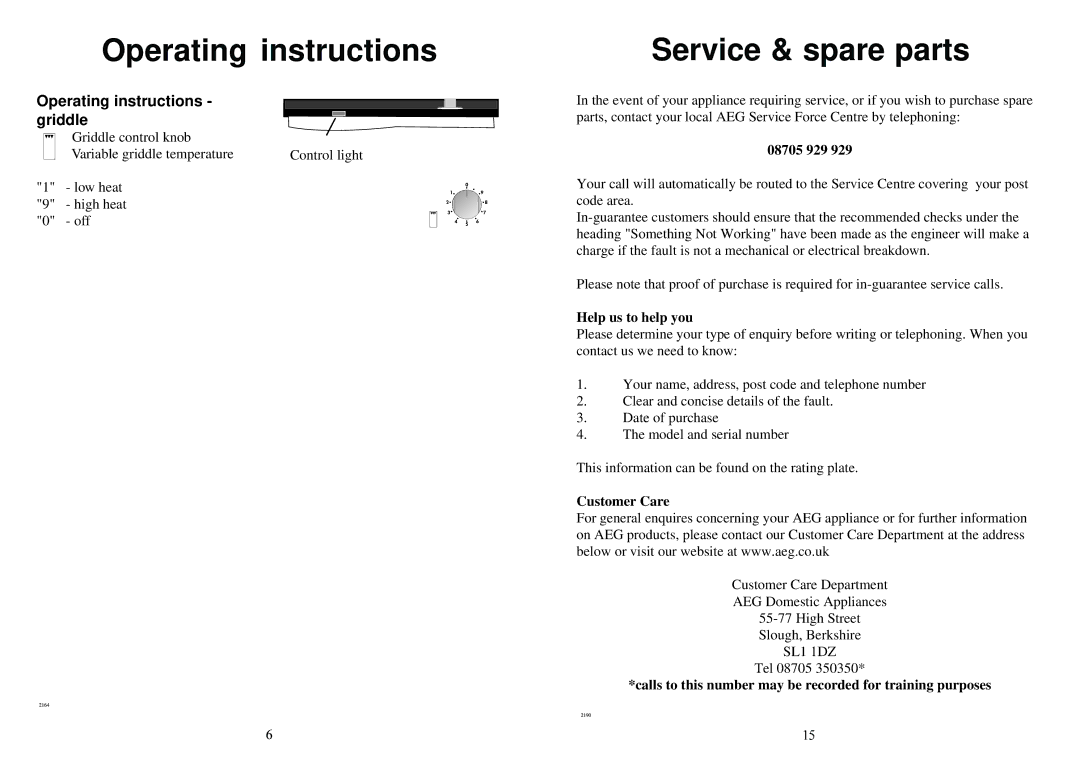 Electrolux 231 GR manual Service & spare parts, Operating instructions griddle 