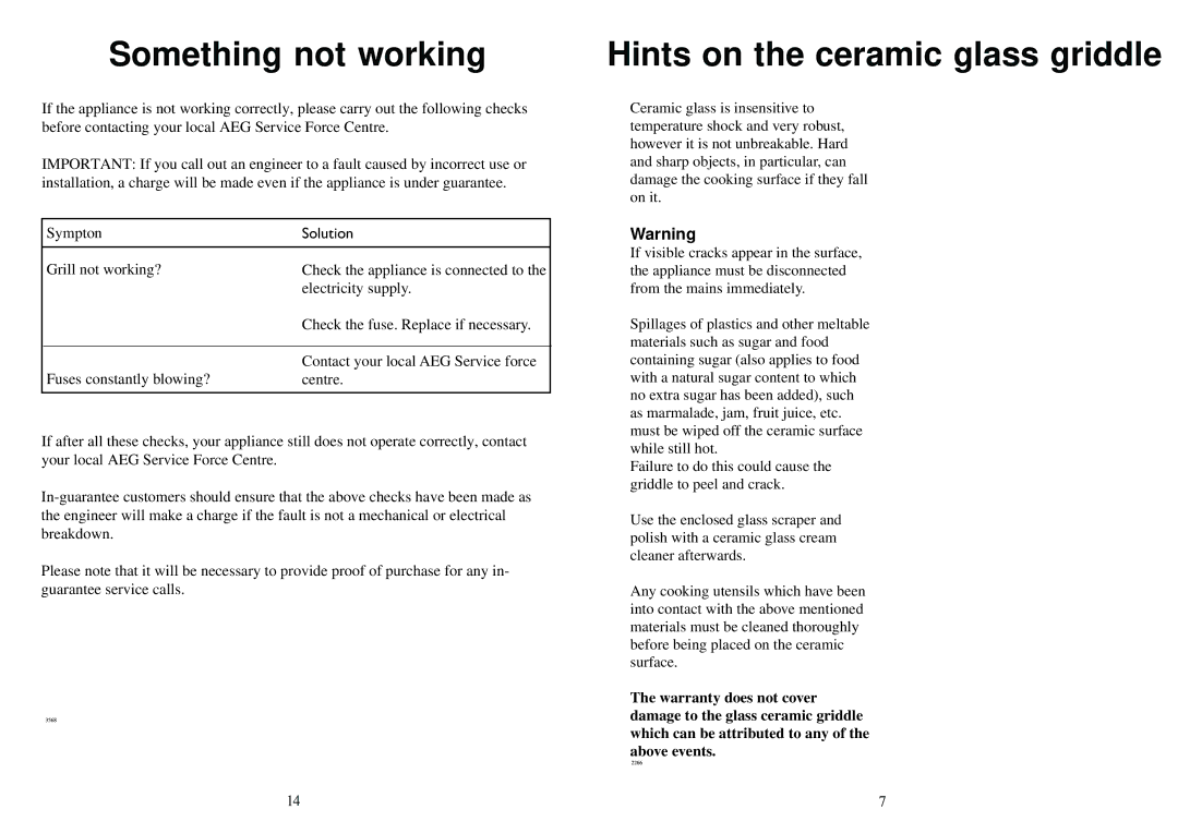 Electrolux 231 GR manual Something not working, Hints on the ceramic glass griddle 