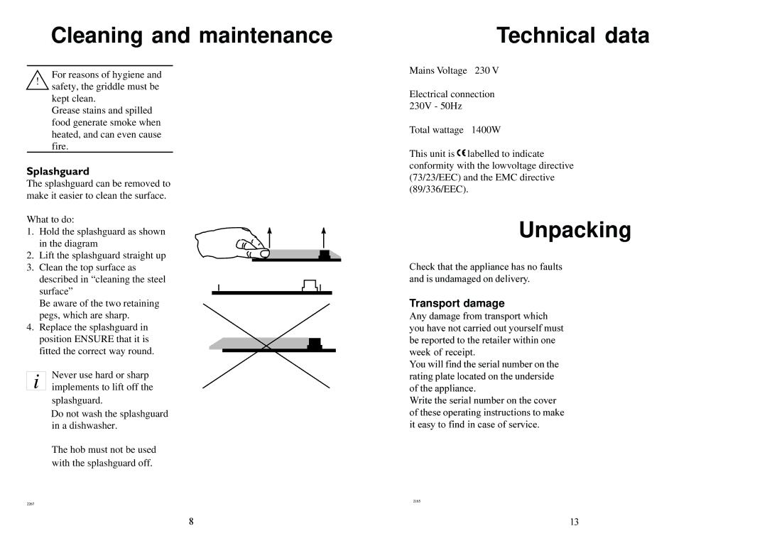 Electrolux 231 GR manual Cleaning and maintenance, Technical data, Unpacking, Transport damage 