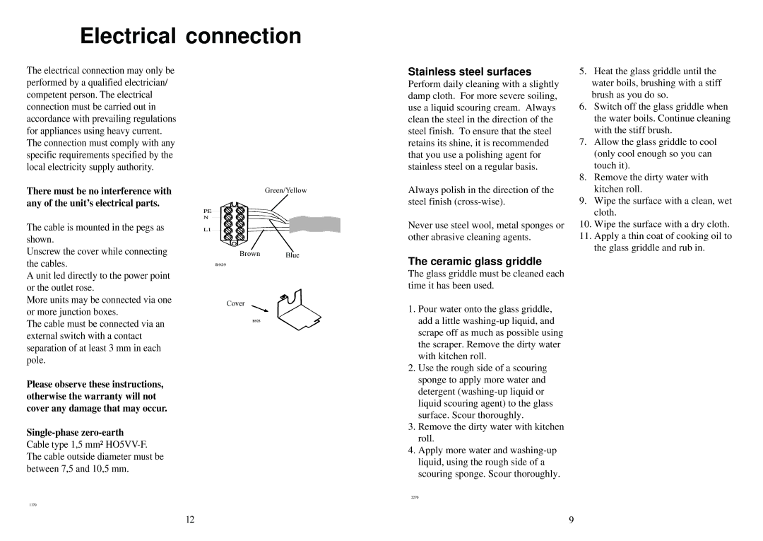 Electrolux 231 GR manual Electrical connection, Stainless steel surfaces, Ceramic glass griddle 