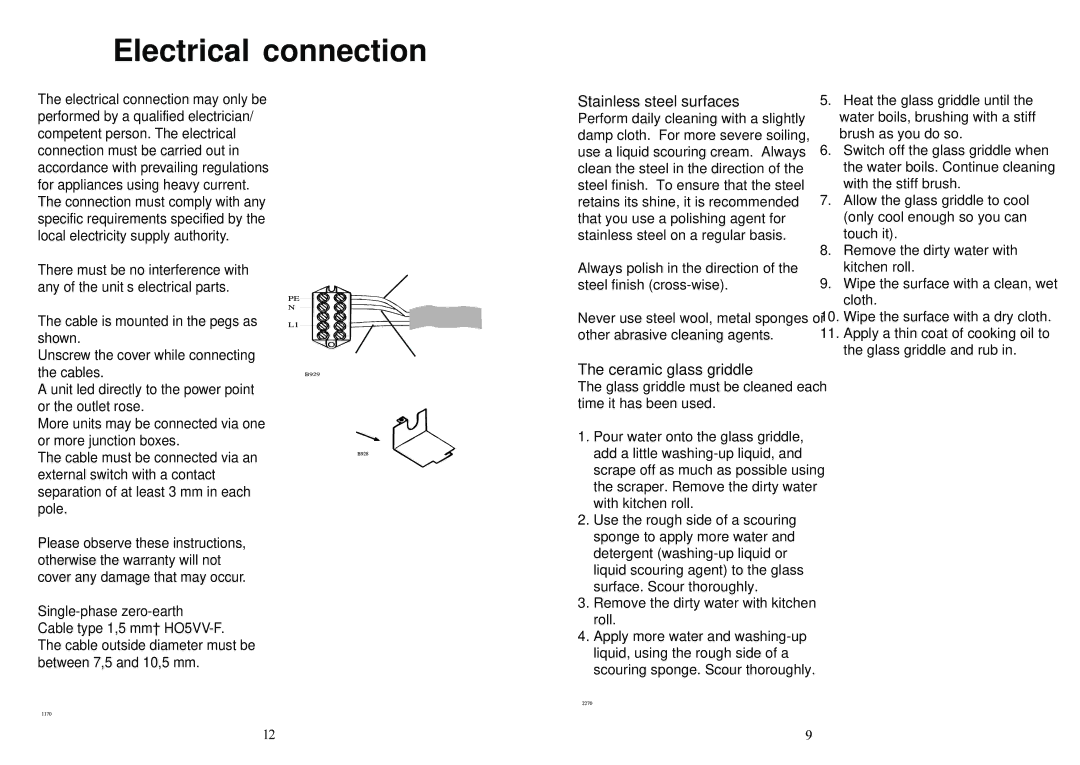 Electrolux 231GR-M manual Electrical connection, Stainless steel surfaces, Ceramic glass griddle 