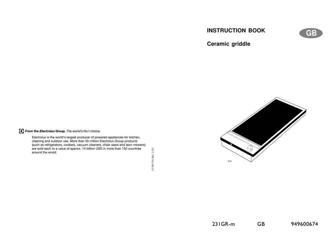 Electrolux 231GR-M manual INSTRUCTION BOOK Ceramic griddle, 231GR-m, 949600674, 325 88-7763 Rev 