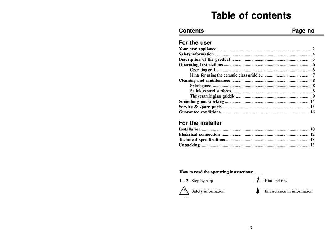 Electrolux 231GR-M Table of contents, Contents, For the user, For the installer, How to read the operating instructions 