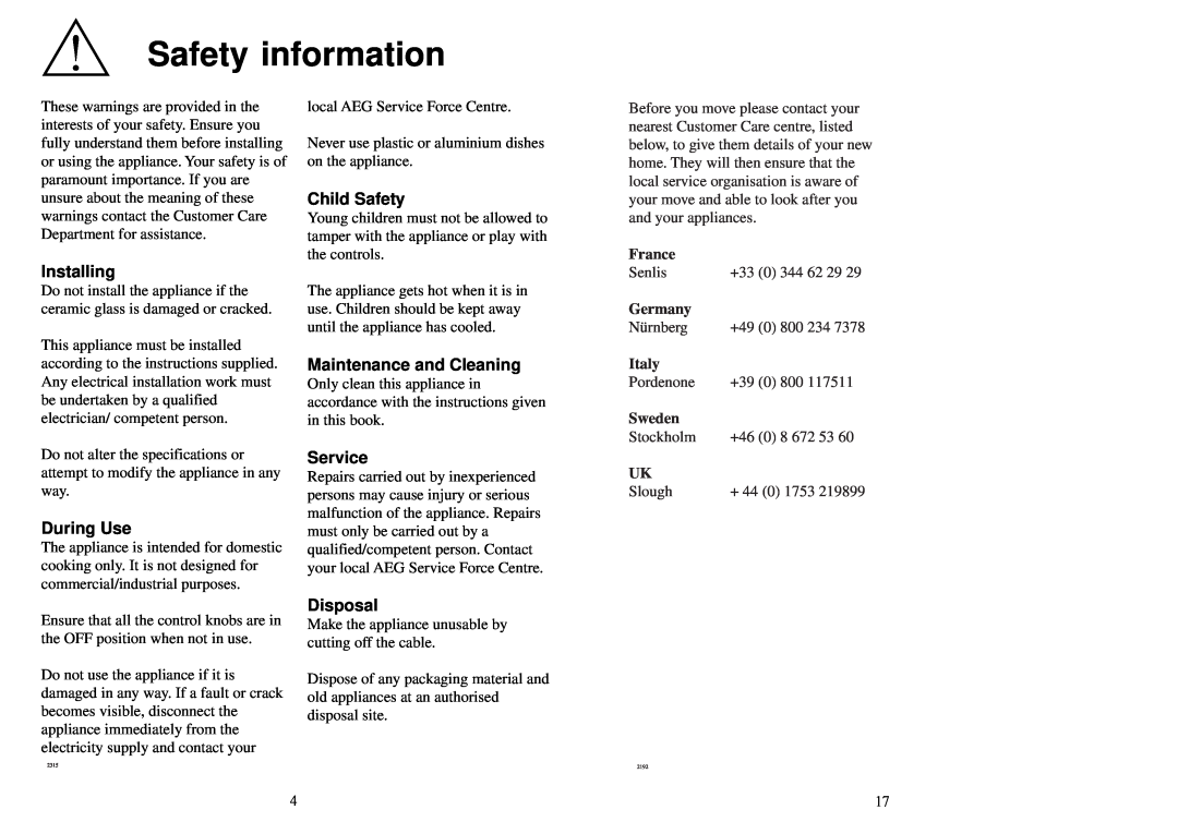 Electrolux 231GR-M Safety information, Installing, During Use, Child Safety, Maintenance and Cleaning, Service, Disposal 